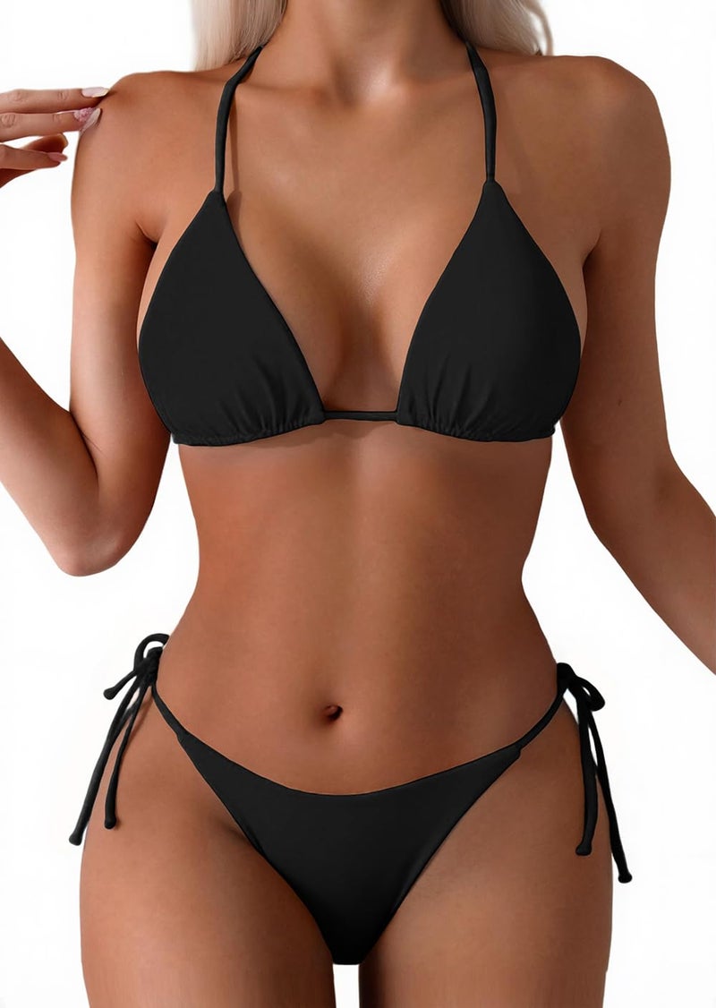 Tainehs Women's Sexy Halter Thong Bikini Tie Two Sides Bottom Triangle Bikini Swimsuits Black - Image 1